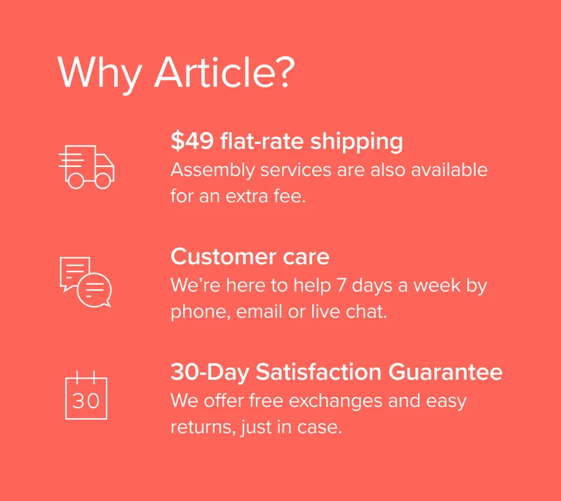 Why Article? Flat rate shipping, customer care available 7 days a week, and a 30-day satisfaction guarantee.