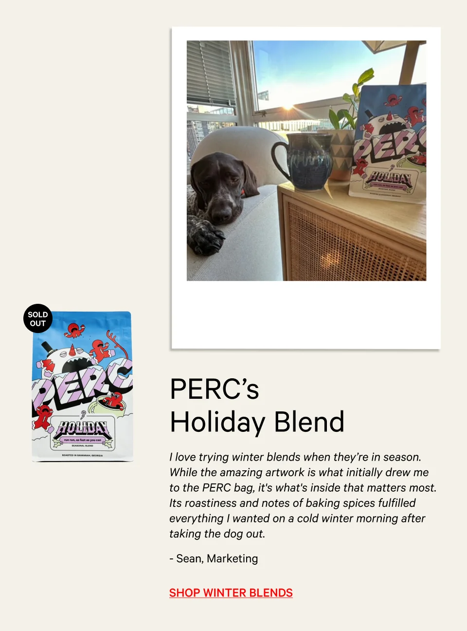 “I love trying holiday blends when they’re in season. While the amazing artwork is what initially drew me to the PERC bag, it's what's inside that matters most. Its roastiness and notes of baking spices fulfill everything I wanted on a cold winter morning after taking the dog out.” - Sean, Affiliate & Influencer Marketing