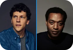 Headshots of Jesse Eisenberg and Chiwetel Ejiofor.