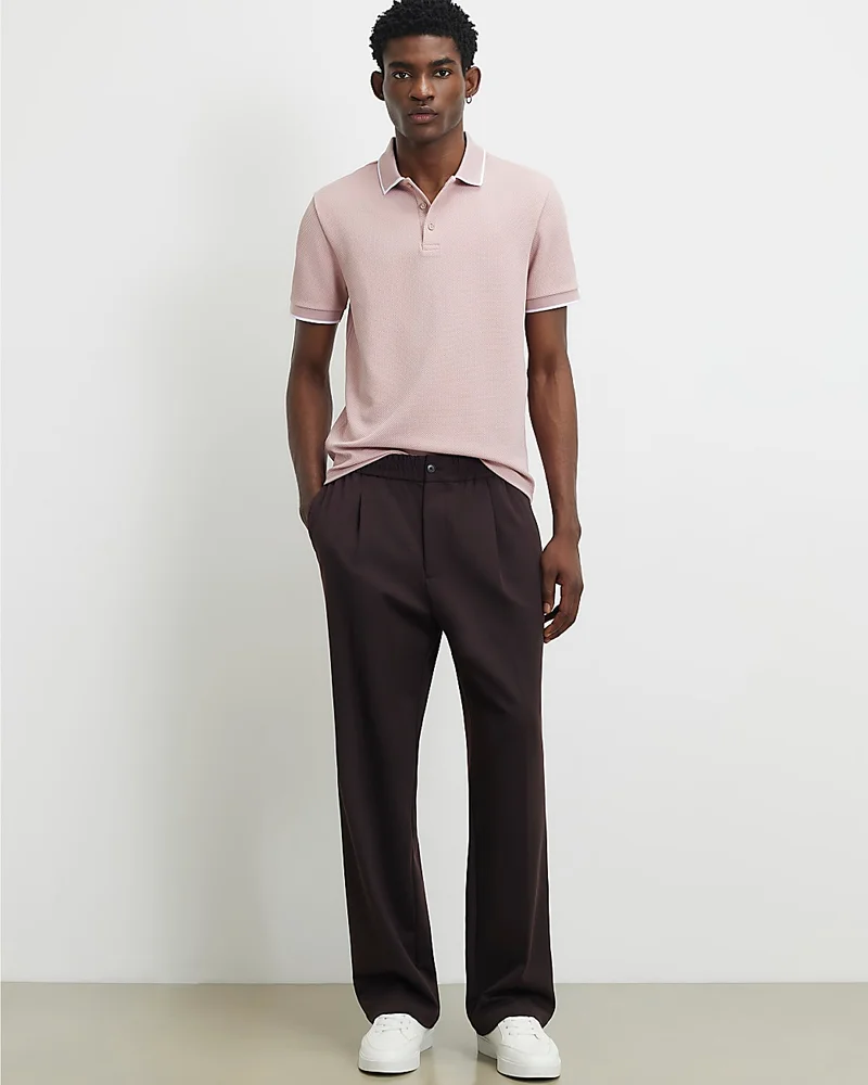 Mens Pink Slim Fit Textured Button Polo Shirt