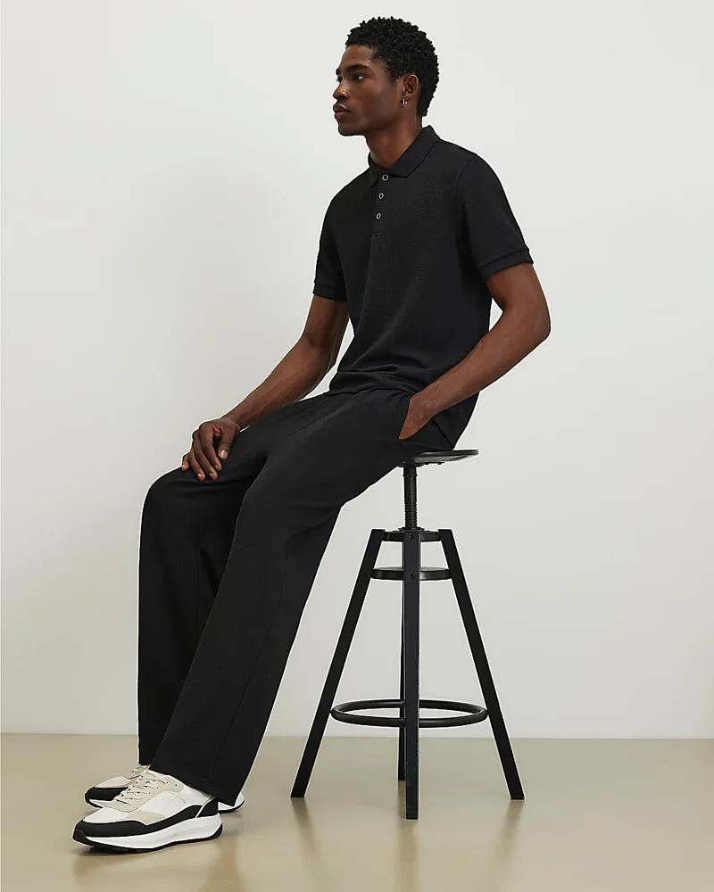 Mens Black Slim Fit Textured Button Polo Shirt