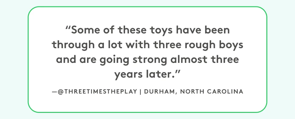 “Some of these toys have been through a lot with three rough boys and are going strong almost three years later.”  @threetimestheplay, Durham, North Carolina