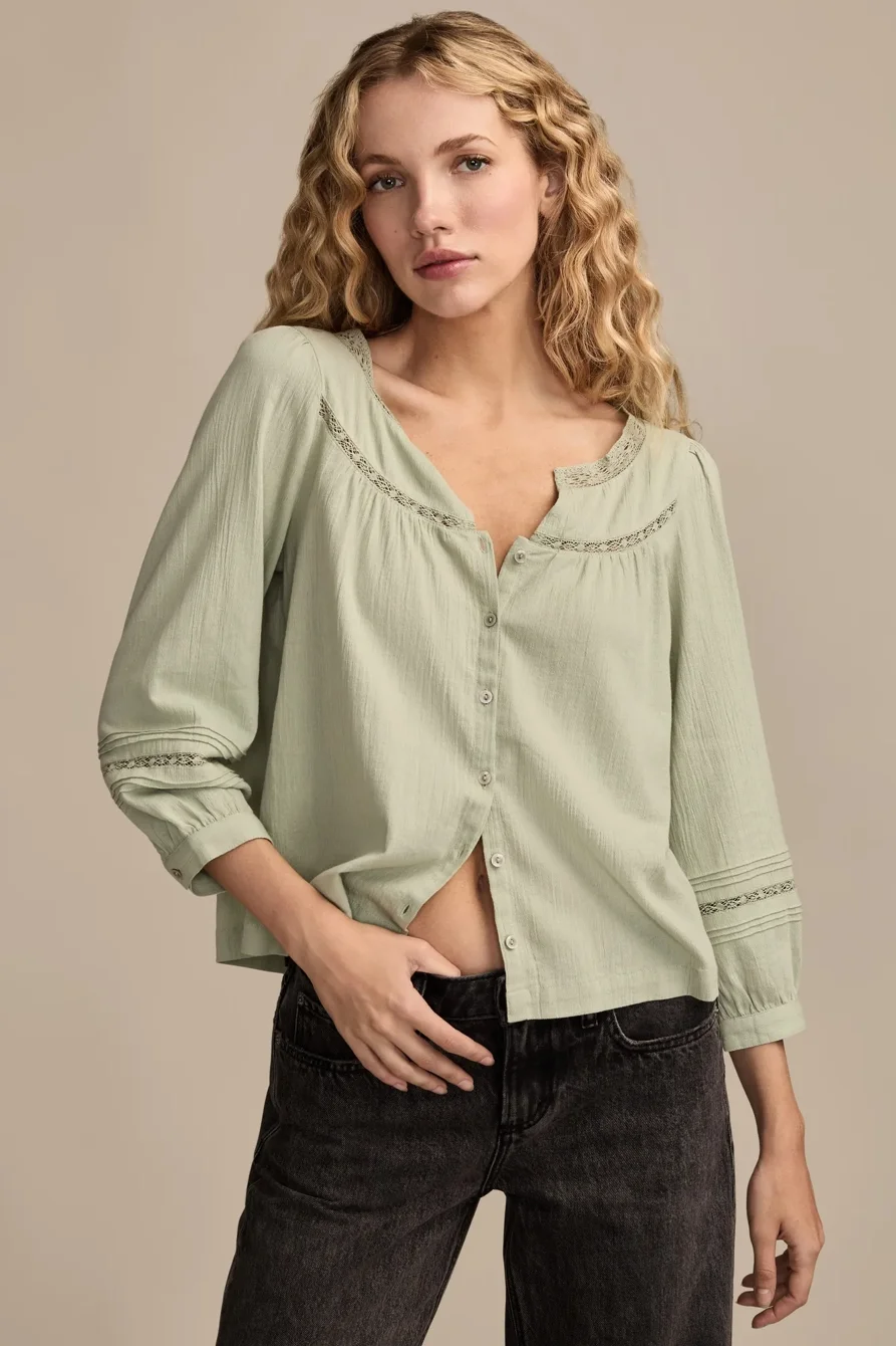 Image of Lucky Brand Lace Long Sleeve Top - Women's Clothing Long Sleeve Tee Shirt Tops in Aqua Gray