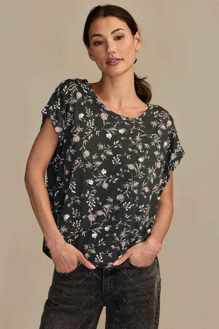 Image of Lucky Brand Short Sleeve Sandwash Dolman Tee - Women's Clothing Tops Shirts Tee Graphic T Shirts in Washed Black Floral
