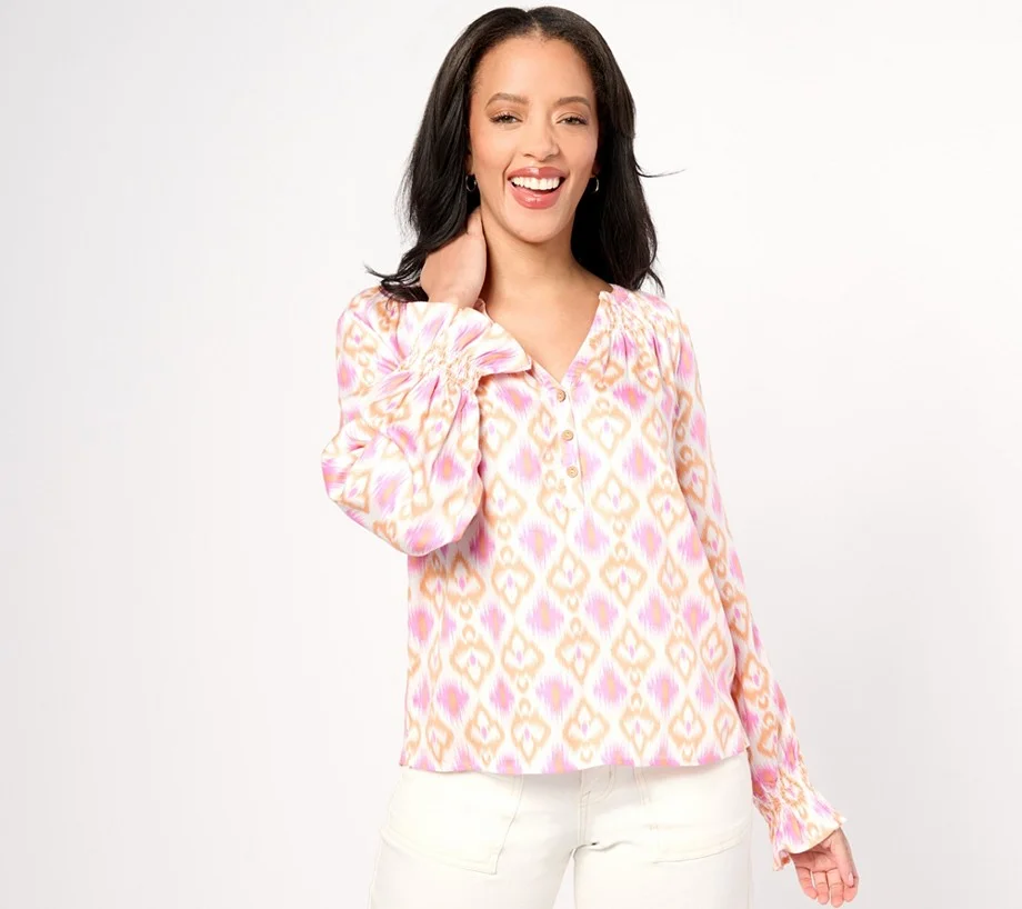 Destination 365 Printed Blouse Split-Neck with Shirring Detail