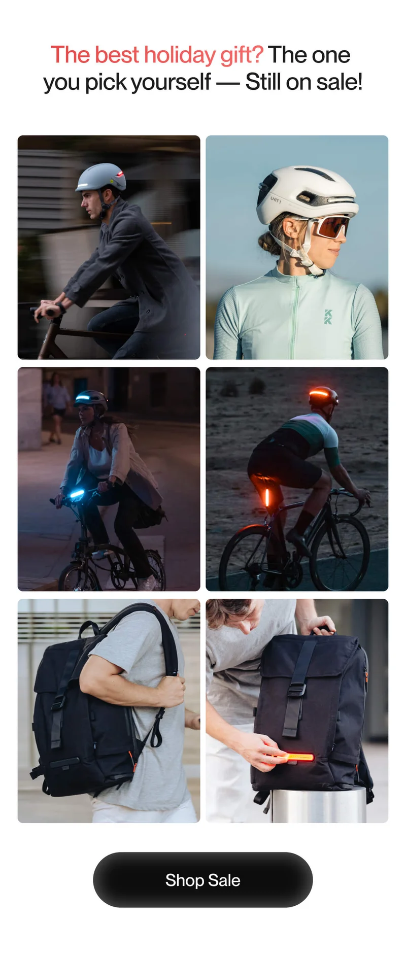 Grid showcasing Unit 1 smart helmets and backpacks in action, highlighting their versatility and safety features for cyclists in various environments. Header text reads: 'The best holiday gift? The one you pick yourself — Still on sale!'