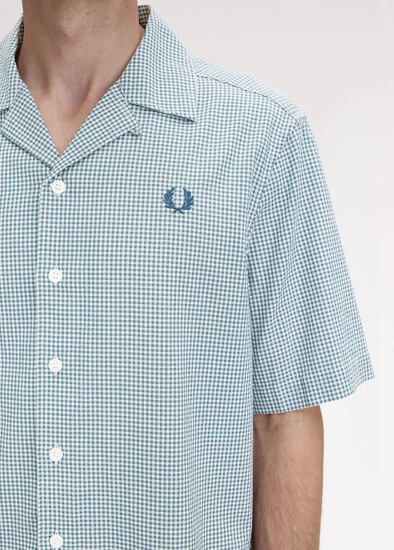 Short sleeved revere collar shirt in pale blue and white gingham