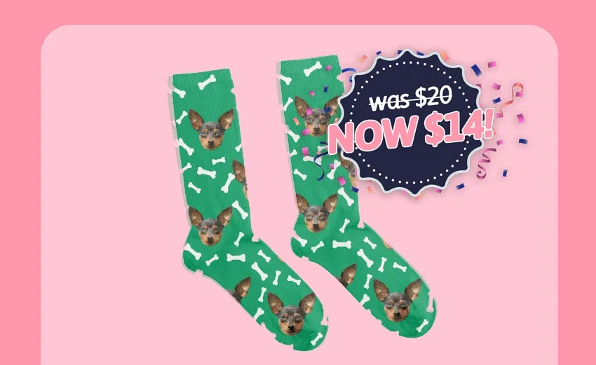 Custom Pet Face Socks gif. was $20. NOW $14
