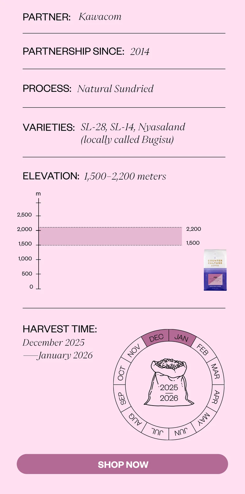 Partner: Kawacom Partnership Since: 2014 Process: Natural Varieties: SL-28, SL-14, Nyasaland (locally called Bugisu).   Elevation: 1,500 -2,200 meters Harvest Time: December 2025-January 2026 SHOP NOW