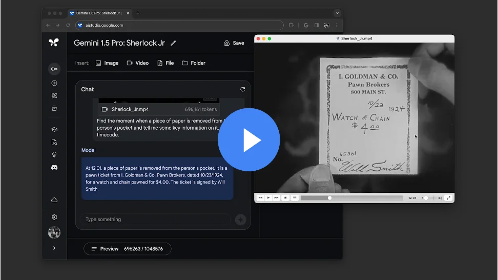 A screenshot of a webpage showing a chat box on the left hand side of the screen and a media player on the right hand side showing a still from a black and white movie. There is a play button icon overlayed on top of this screenshot.