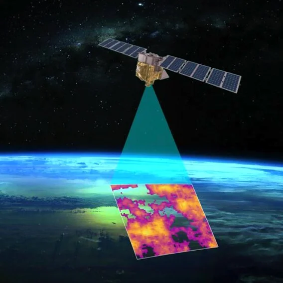 Illustration of a satellite beaming a representation of data down to Earth; this is represented by a semi-triangular shape coming from the satellite and connecting to Earth.