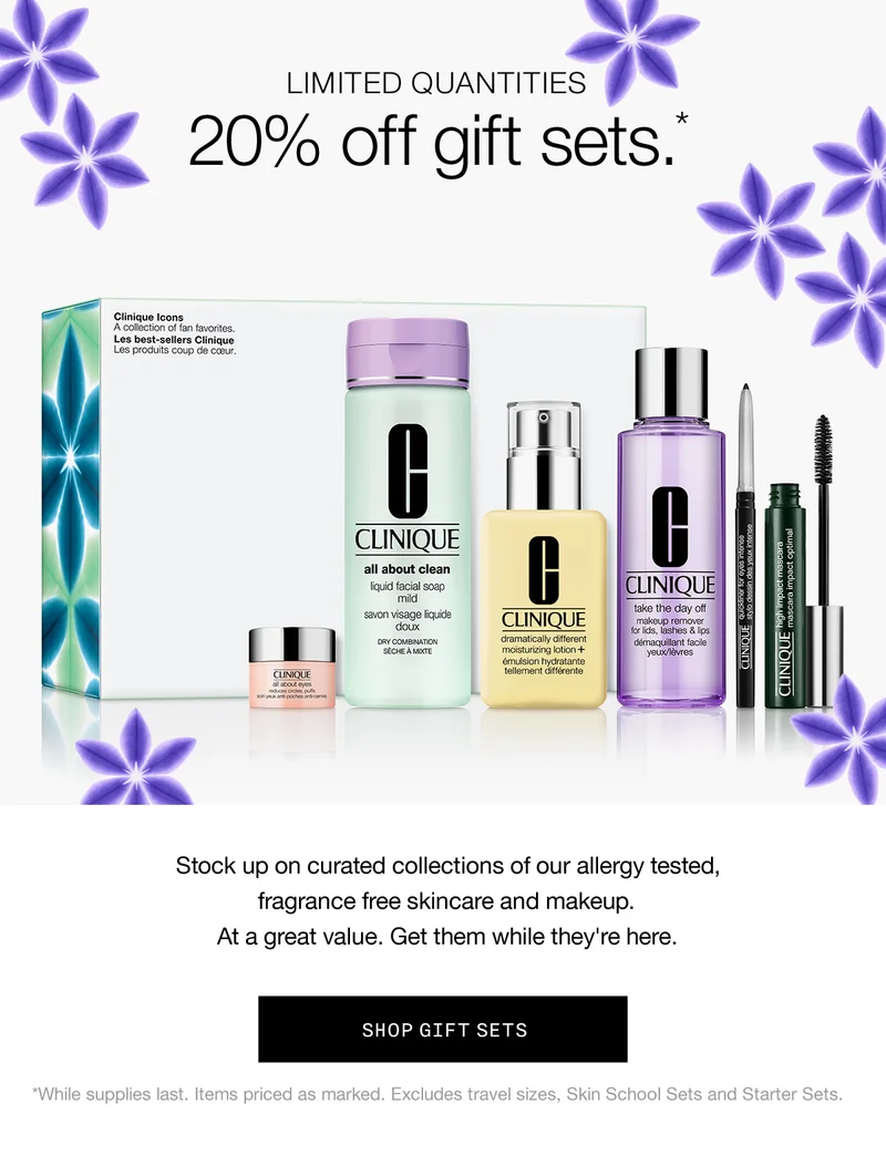 LIMITED QUANTITIES | 20% off gift sets.* | Stock up on curated collections of our allergy tested, fragrance free skincare and makeup. At a great value. Get them while they're here. | SHOP GIFT SETS | *While supplies last. Items priced as marked. Excludes travel sizes, Skin School Sets and Starter Sets.
