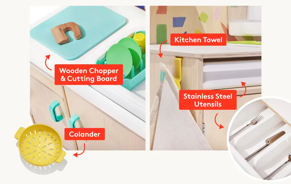 Wooden Chopper & Cutting Board, Colander, Kitchen Towel, Stainless Steel Utensils
