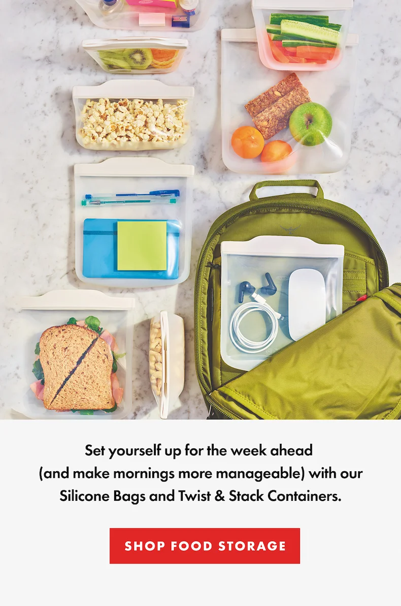 Set yourself up for the week ahead (and make mornings more manageable) with our Silicone Bags and Twist & Stack Containers. | Shop Food Storage