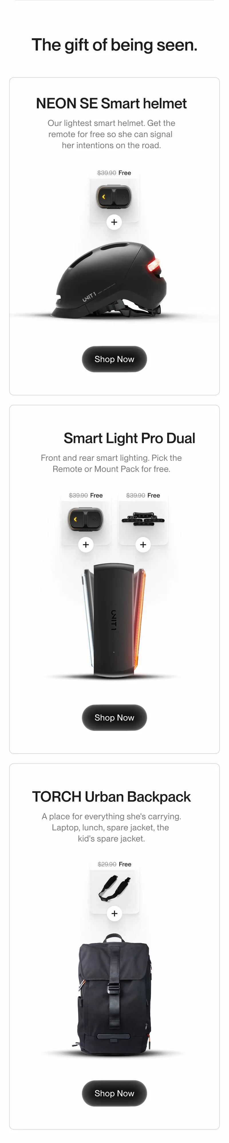 Email showcasing NEON SE Smart Helmet, Smart Light Pro Dual, and TORCH Urban Backpack with Shop Now buttons.