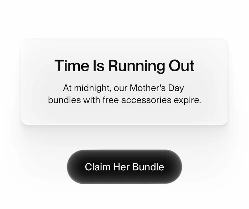 White card with bold text "Time Is Running Out" and Mother's Day bundle expiry notice, with a dark "Claim Her Bundle" button below.