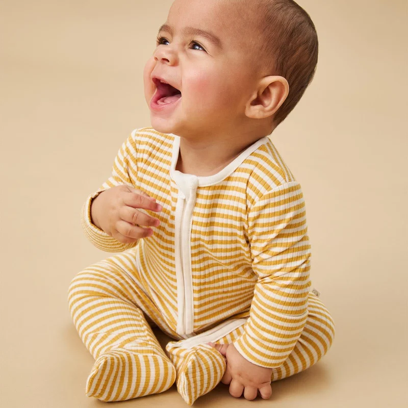 Image of Mustard Stripe Ribbed Clever Zip Baby Pajamas
