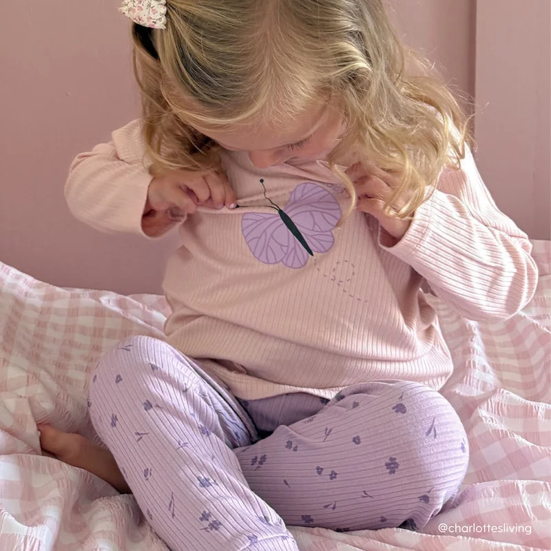 Image of Butterfly Ribbed Long Sleeve Top & Lilac Floral Ribbed Leggings Outfit