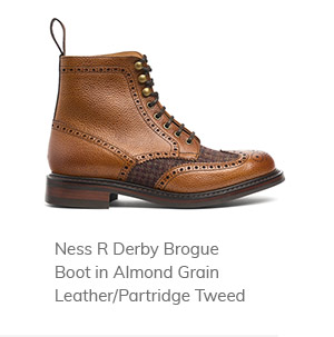 Ness R Derby Brogue Boot in Almond Grain Leather/Partridge Tweed
