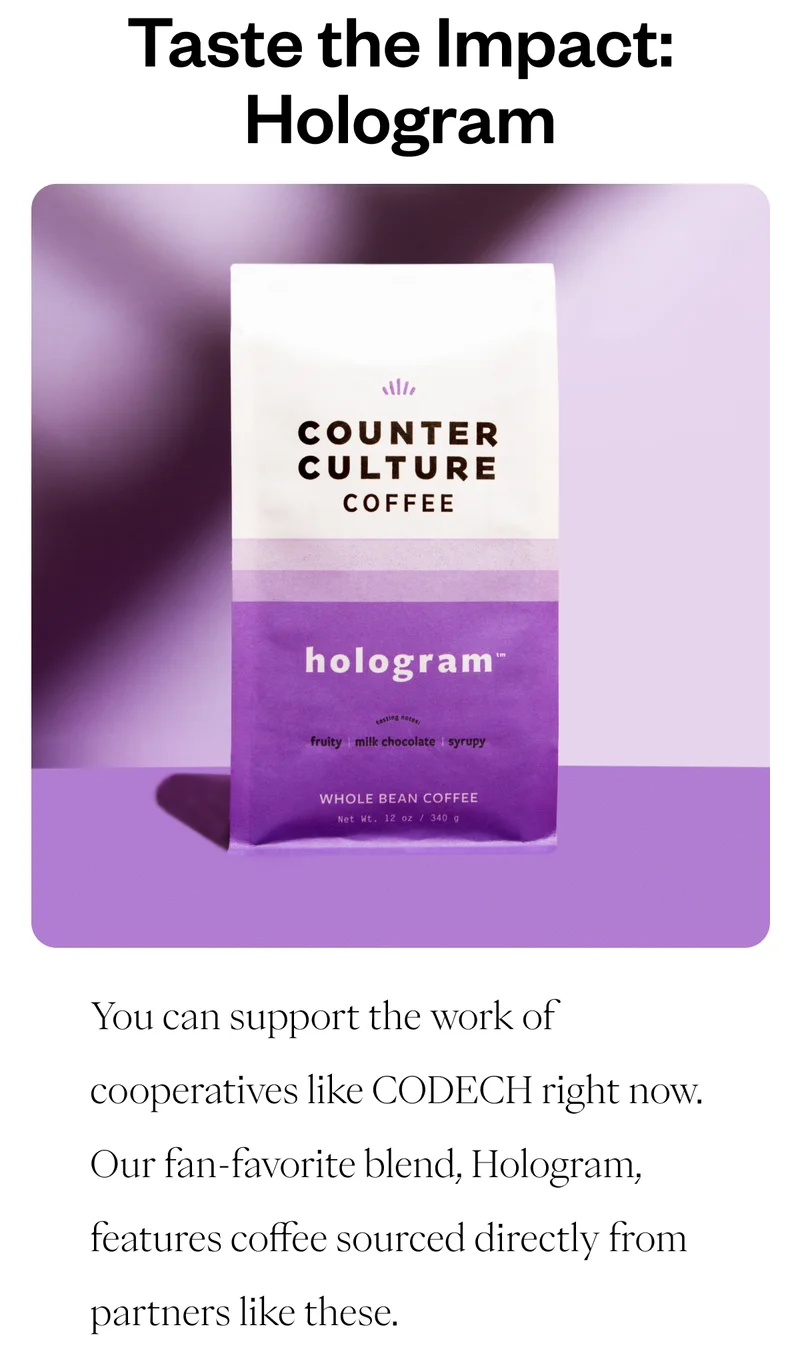 Taste the Impact: HologramYou can support the work of cooperatives like CODECH right now. Our fan-favorite blend, Hologram, features coffee sourced directly from partners like these. Taste the Impact: HologramYou can support the work of cooperatives like CODECH right now. Our fan-favorite blend, Hologram, features coffee sourced directly from partners like these.