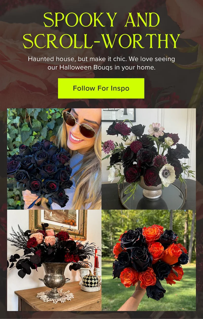 Spooky and Scroll-Worthy. Haunted house, but make it chic. We love seeing our Halloween Bouqs in your home. Follow For Inspo