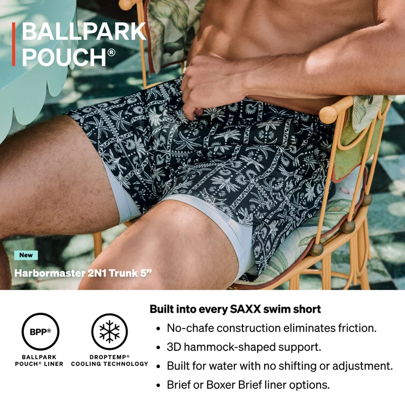Harbormaster 2N1 swim trunks with built-in BallPark Pouch® liner and DropTemp® cooling technology for chafe-free comfort.