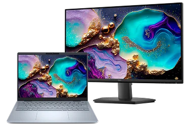 A Dell 14 Plus Laptop computer next to a Dell 27 Monitor.