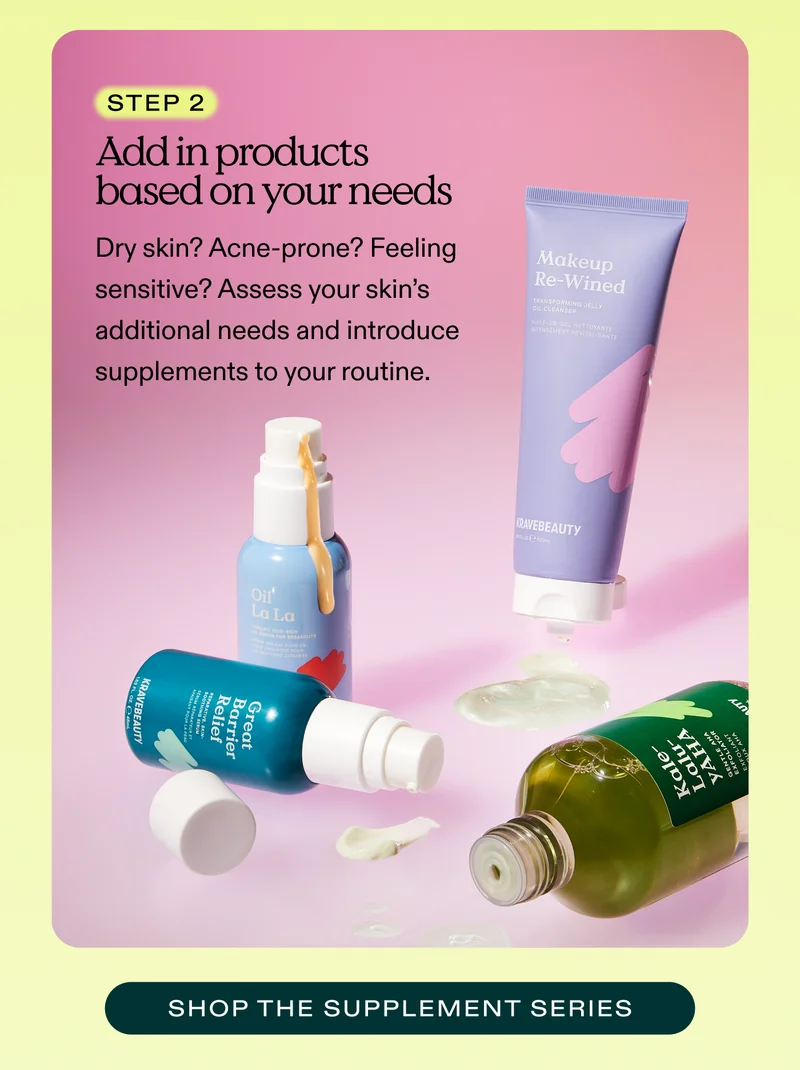 Step 2. Add in products based on your needs  Dry skin? Acne-prone? Feeling sensitive? Assess your skin’s additional needs and introduce supplements to your routine.   |  SHOP THE SUPPLEMENT SERIES