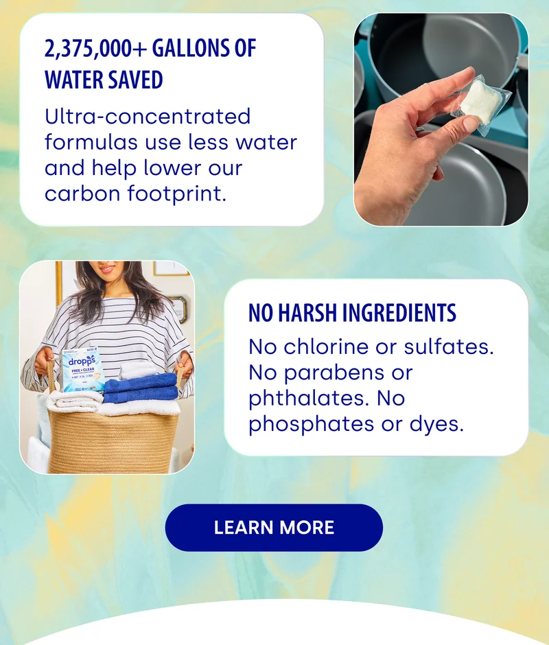 2,375,000 GALLONS OF WATER SAVED Ultra-concentrated formulas use less water and help lower our carbon footprint. NO HARSH INGREDIENTS No chlorine or sulfates. No parabens or phthalates. No phosphates or dyes. [LEARN MORE]