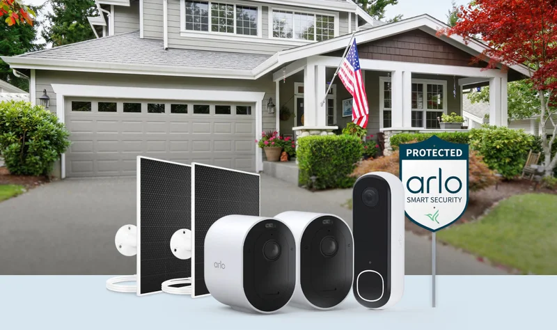 Arlo Security Bundle in front of a suburban home.