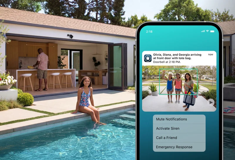 Arlo security camera mounted on the exterior of a home near someone sitting by a pool. A phone with a simulated screen image depicting an Arlo Secure notification reads: Olivia, Diana, and Georgia arriving at front door with tote bag. Mute notifications. Activate siren. Call a friend. Emergency response.