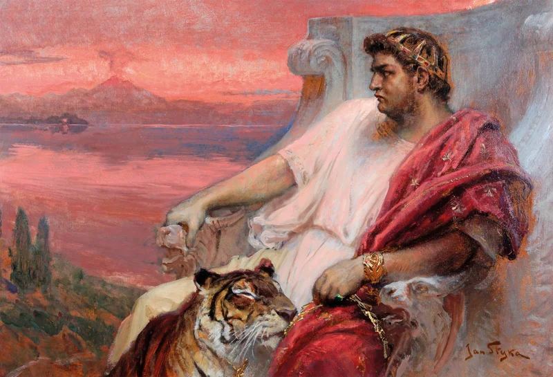 Accompanied by a pet tiger, Nero stares impassively from his throne over the Roman resort of Baiae, while the volcano Vesuvius smokes ominously in the background. Polish artist Jan Styka’s circa 1900 painting, now in a private collection, reflects Nero’s reputation for cruelty.