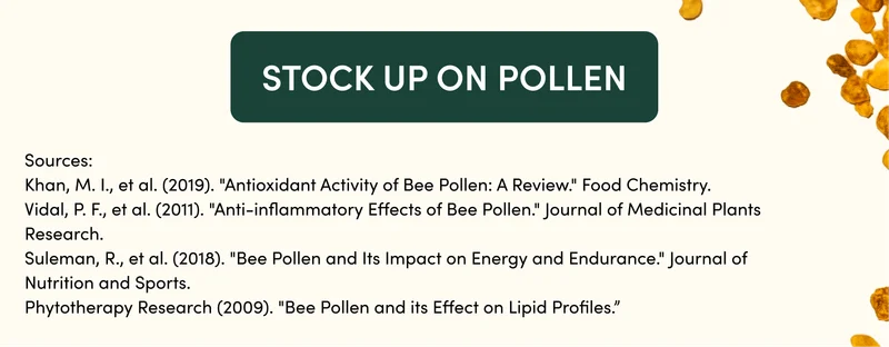 Sources:  Khan, M. I., et al. (2019). "Antioxidant Activity of Bee Pollen: A Review." Food Chemistry. Vidal, P. F., et al. (2011). "Anti-inflammatory Effects of Bee Pollen." Journal of Medicinal Plants Research. Suleman, R., et al. (2018). "Bee Pollen and Its Impact on Energy and Endurance." Journal of Nutrition and Sports. Phytotherapy Research (2009). "Bee Pollen and its Effect on Lipid Profiles.”