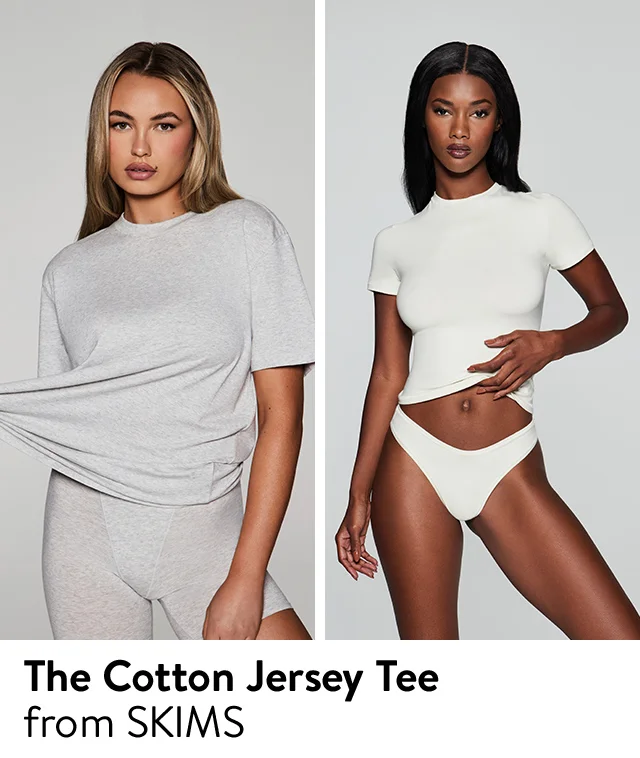 A woman wearing a white T-shirt with white underwear. A woman wearing a grey T-shirt with grey underwear.