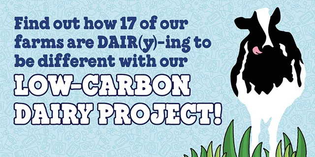Text reads: Find out how 17 of our farms are daring to be different with our low-carbon dairy project!