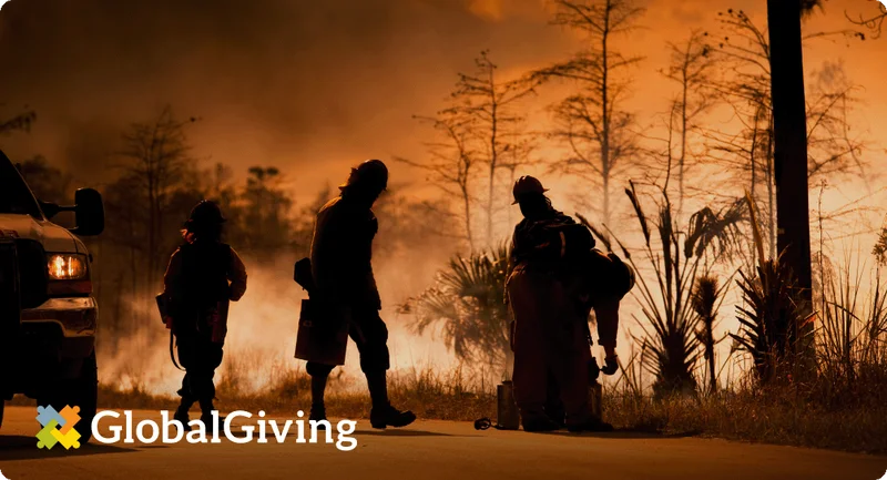 Image Description: Four firefighters walking near trees.