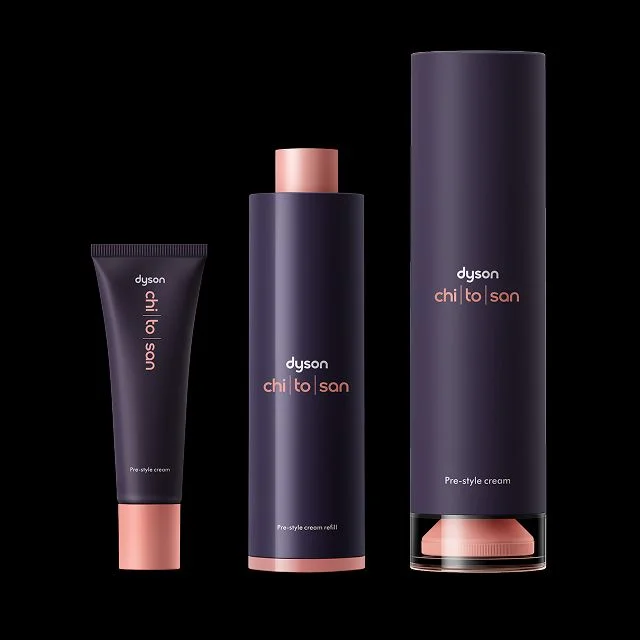 The Dyson Chitosan Pre-style cream in different size options.