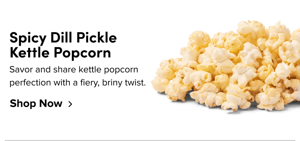Spicy Dill Pickle Kettle Popcorn: Savor and share kettle popcorn perfection with a fiery, briny twist; Shop now