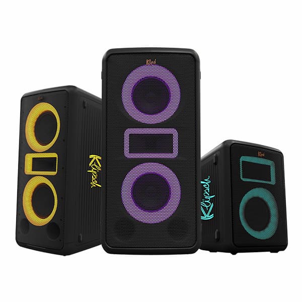 Klipsch Miami, New York, and Las Vegas party speakers on white background