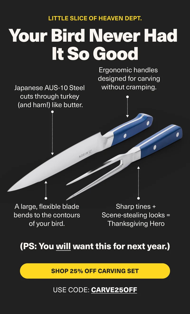 The ultimate carving set features Japanese AUS-10 Steel, ergonomic handles, and scene-stealing looks! Save 25% with code: discount code
