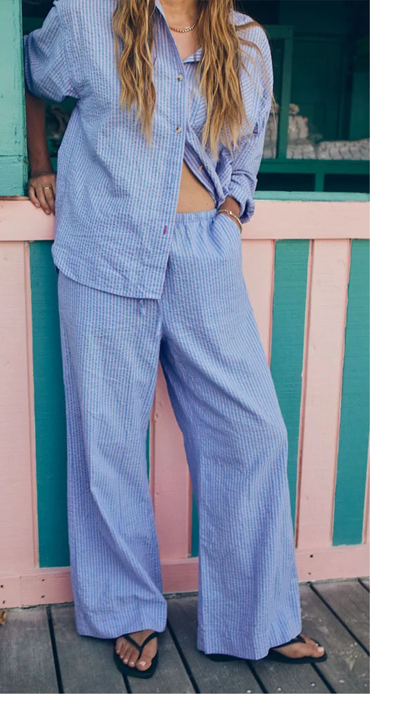 Seersucker Drawstring Wide Leg Pant