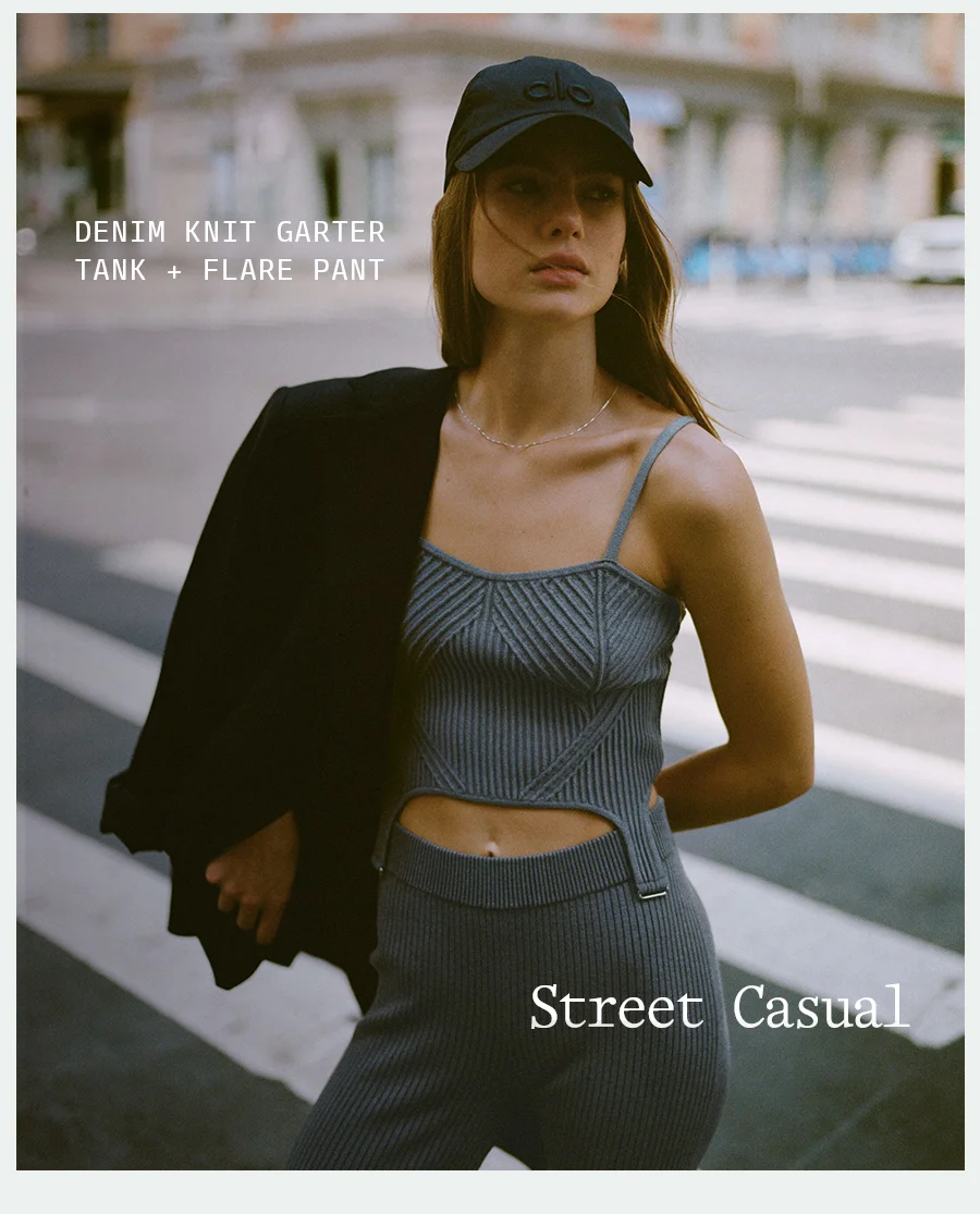 Street Casual. Denim Knit Garter Tank + Flare Pant