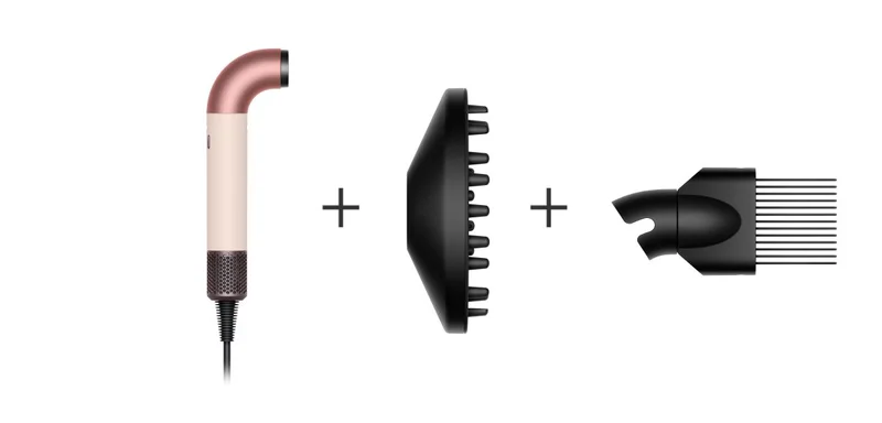 The Dyson Supersonic r hair dryer. The Diffuser attachment for the Dyson Supersonic r hair dryer. The Wide-tooth comb attachment for the Dyson Supersonic r hair dryer.