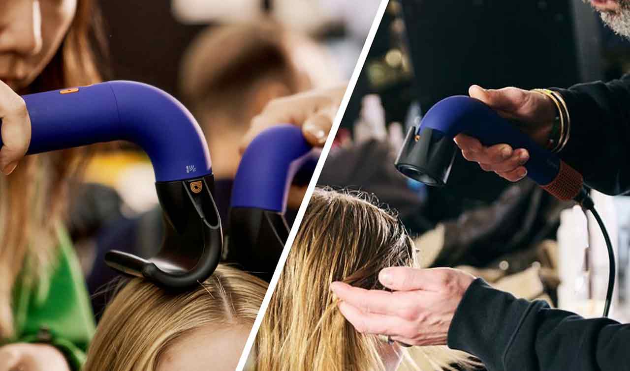 Splitscreen of the Dyson Supersonic r hair dryer being used to style a model’s hair at a fashion event.