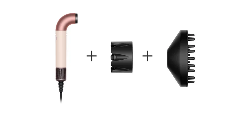 The Dyson Supersonic r hair dryer. The Powerful air attachment for the Dyson Supersonic r hair dryer. The Diffuser attachment for the Dyson Supersonic r hair dryer.