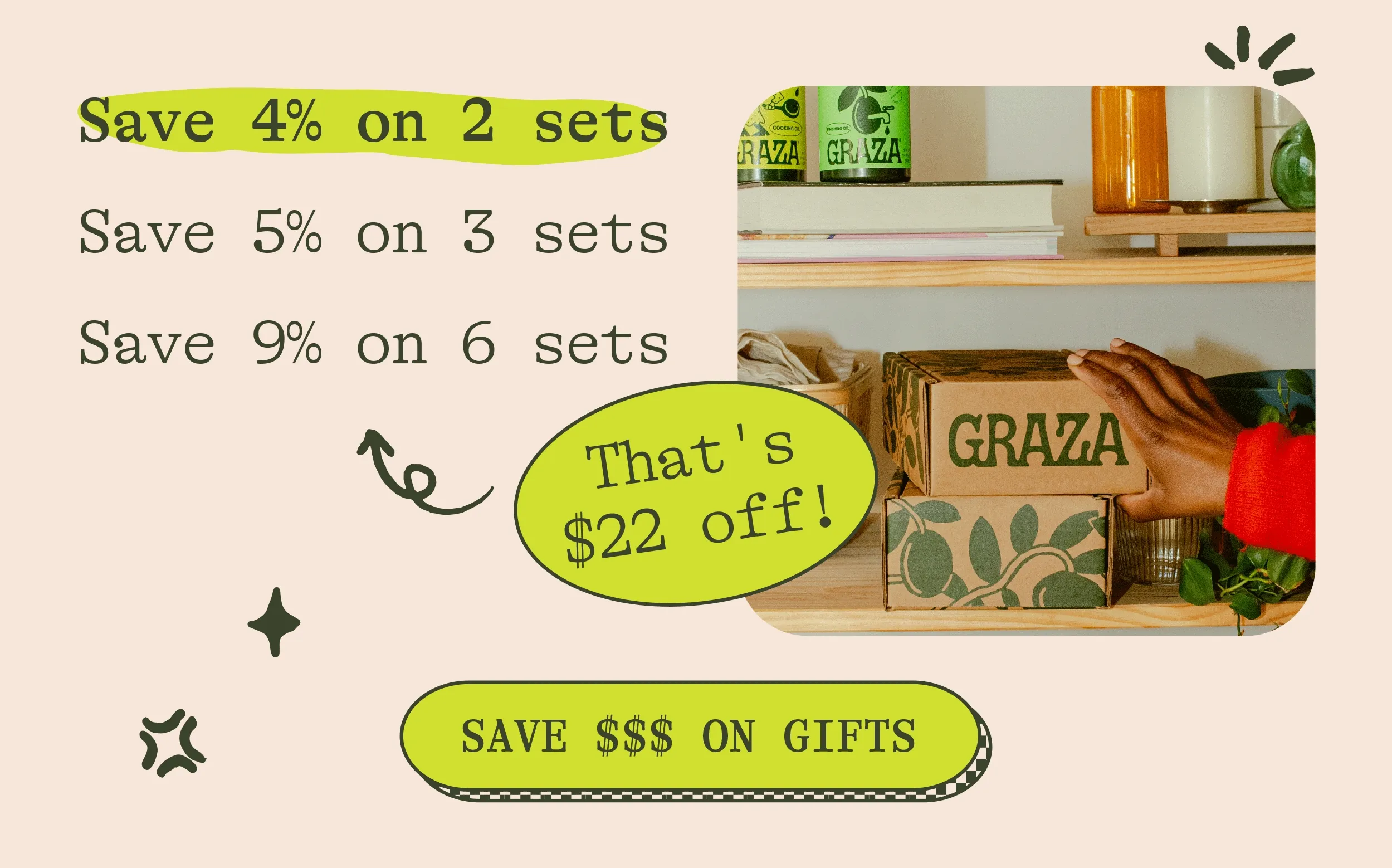 Sae 4% on 2 sets! save 5% on 3 sets! Save 9% on 6 sets!