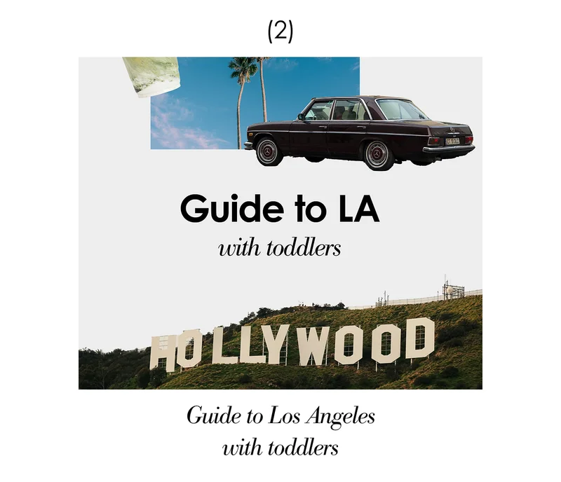 Collage of palm trees, retro car, matcha drink, and US flag representing Los Angeles travel lifestyle.