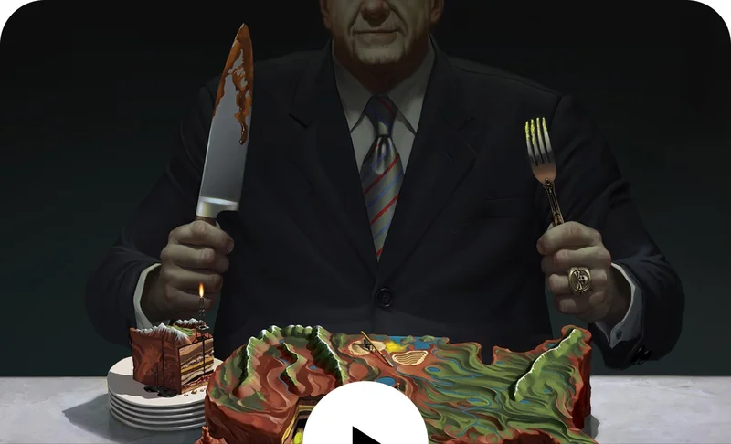 Illustration of a businessman eating a cake shaped like the United States.