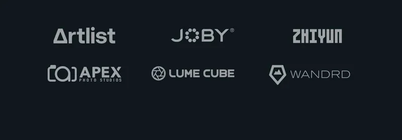 Sponsor logos for: Artlist, Joby, zhiyun, apex photo studios, Lume Cube, and Wandrd