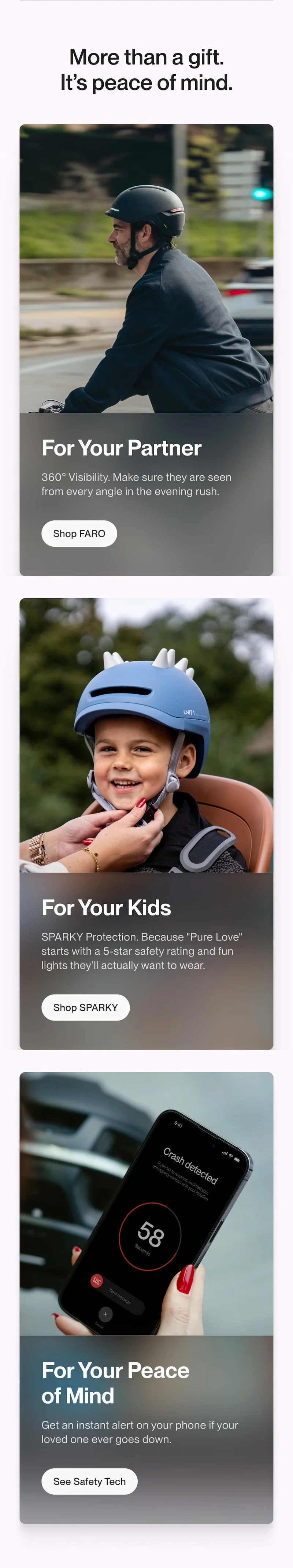 Three product tiles: For Your Partner (Shop FARO), For Your Kids (Shop SPARKY), and For Your Peace of Mind (See Safety Tech) with helmet and app imagery.